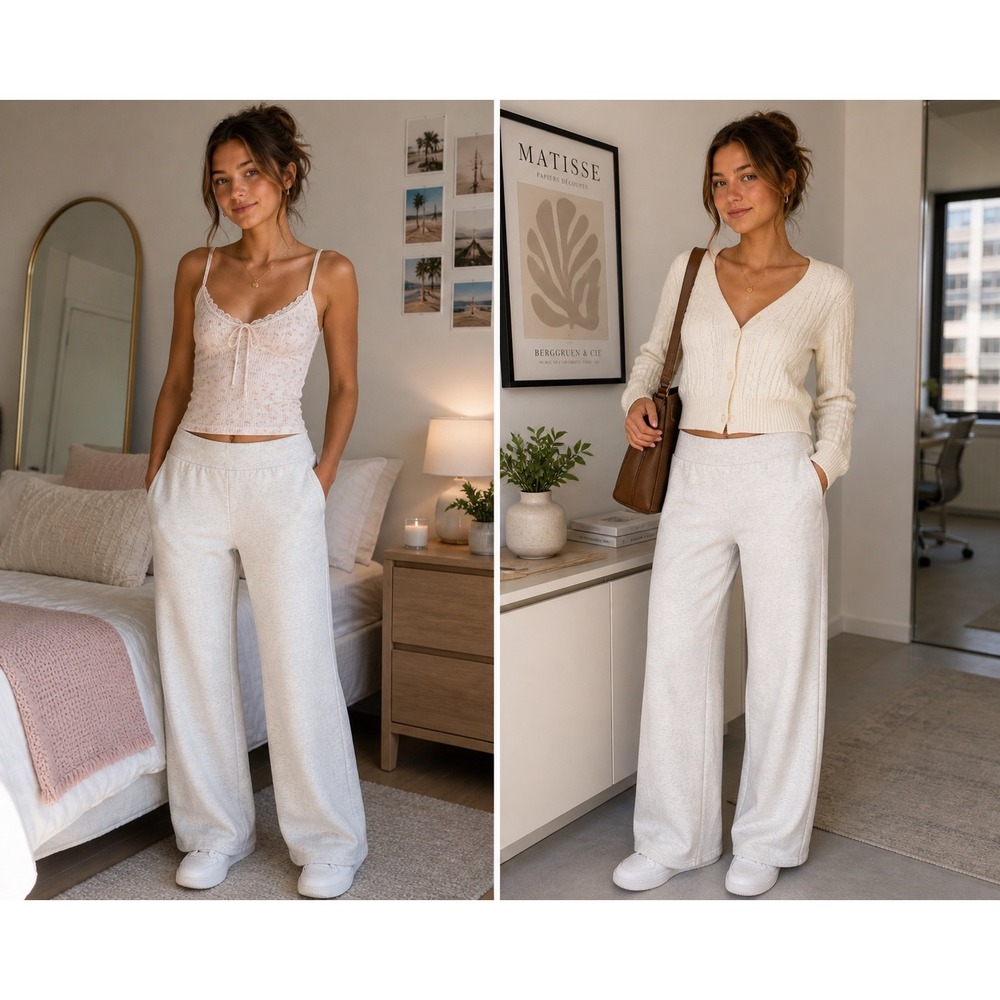 Brandy Melville Cream Waffle Knit Wide Leg Lounge Pants Cozy Minimalist Chic
